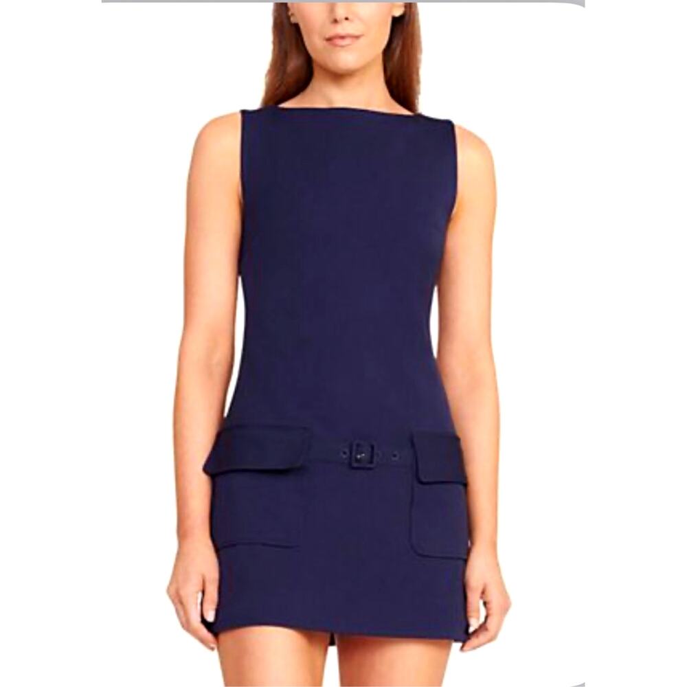 STAUD Mini Dress Womens S Navy Blue Belted Utility Pocket Sleeveless Shift